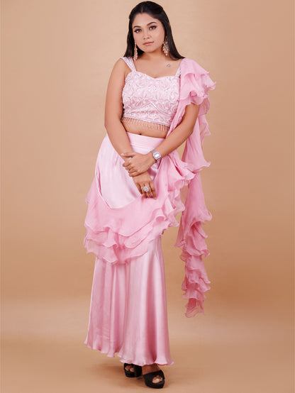 Pink Pre Draped Fish Cut Indo Western
