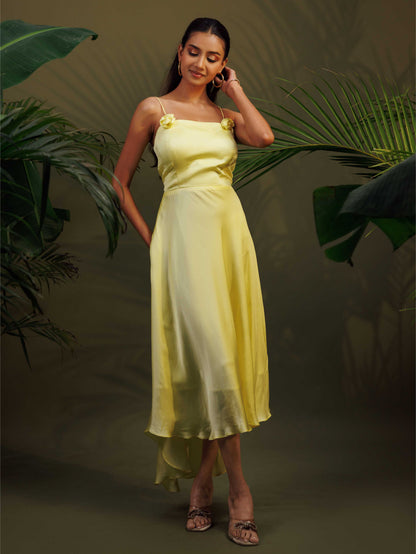 Pastel Yellow Satin Midi Dress