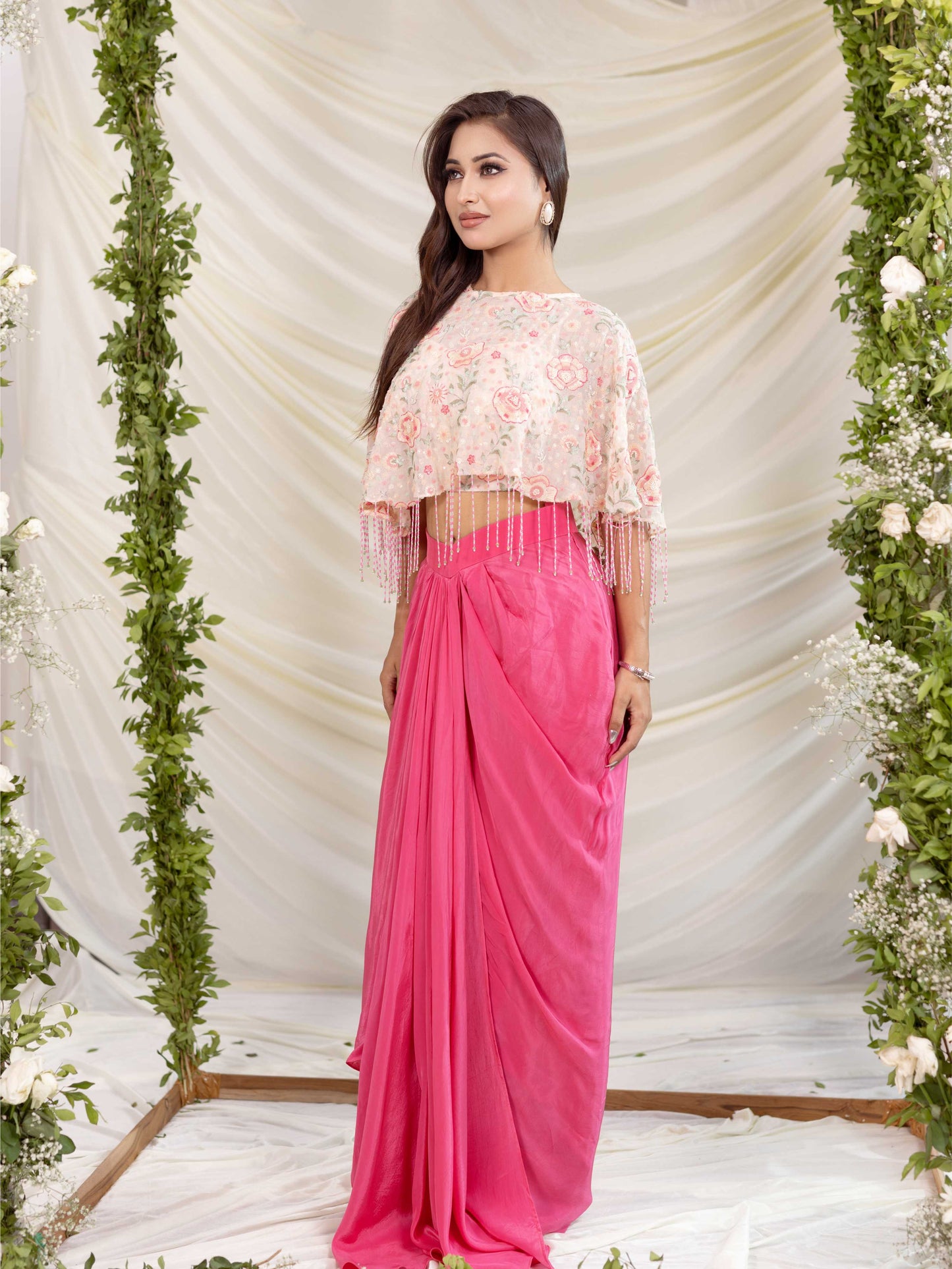 Pink Multi Embroidered Drape Skirt Set