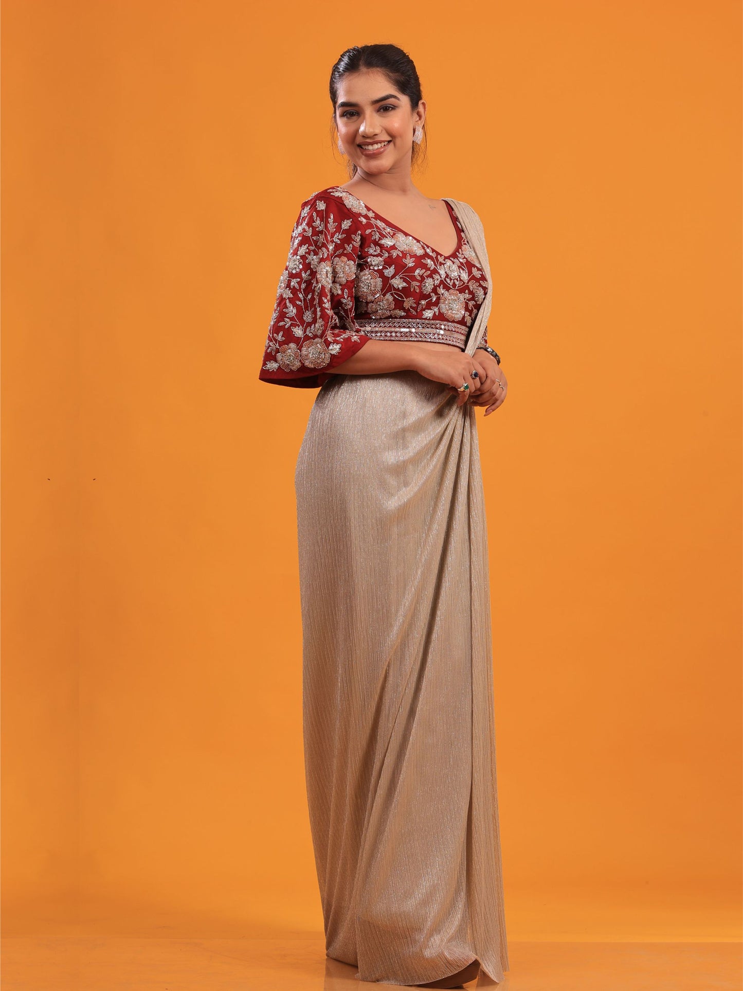 Maroon Golden Drape Saree