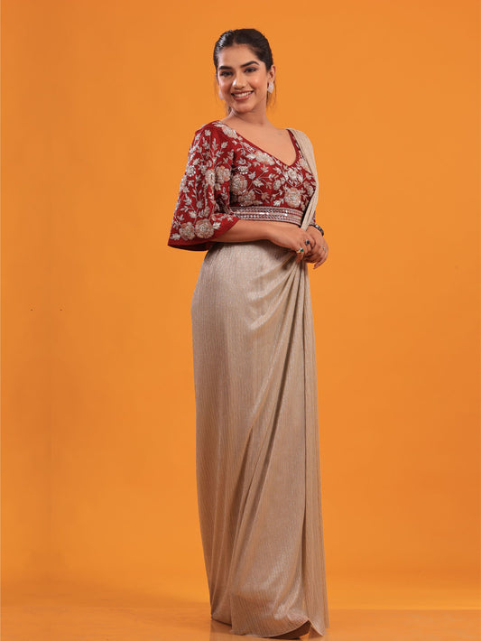 Maroon Golden Drape Saree