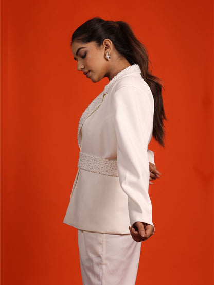 White Embellished Blazer With Belt
