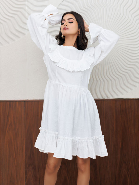 White Short Dress With Frilled Yoke