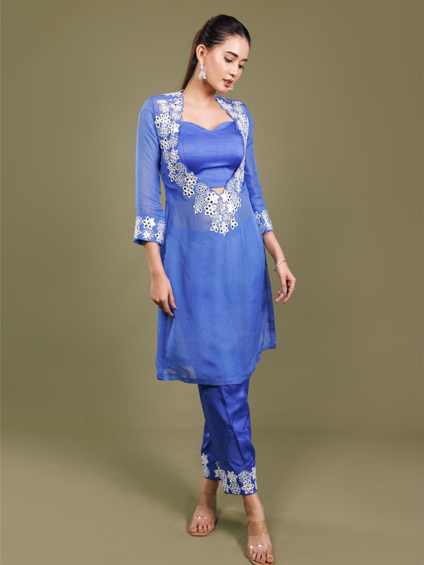 Floral Embroidery Royal Blue Kurta Set