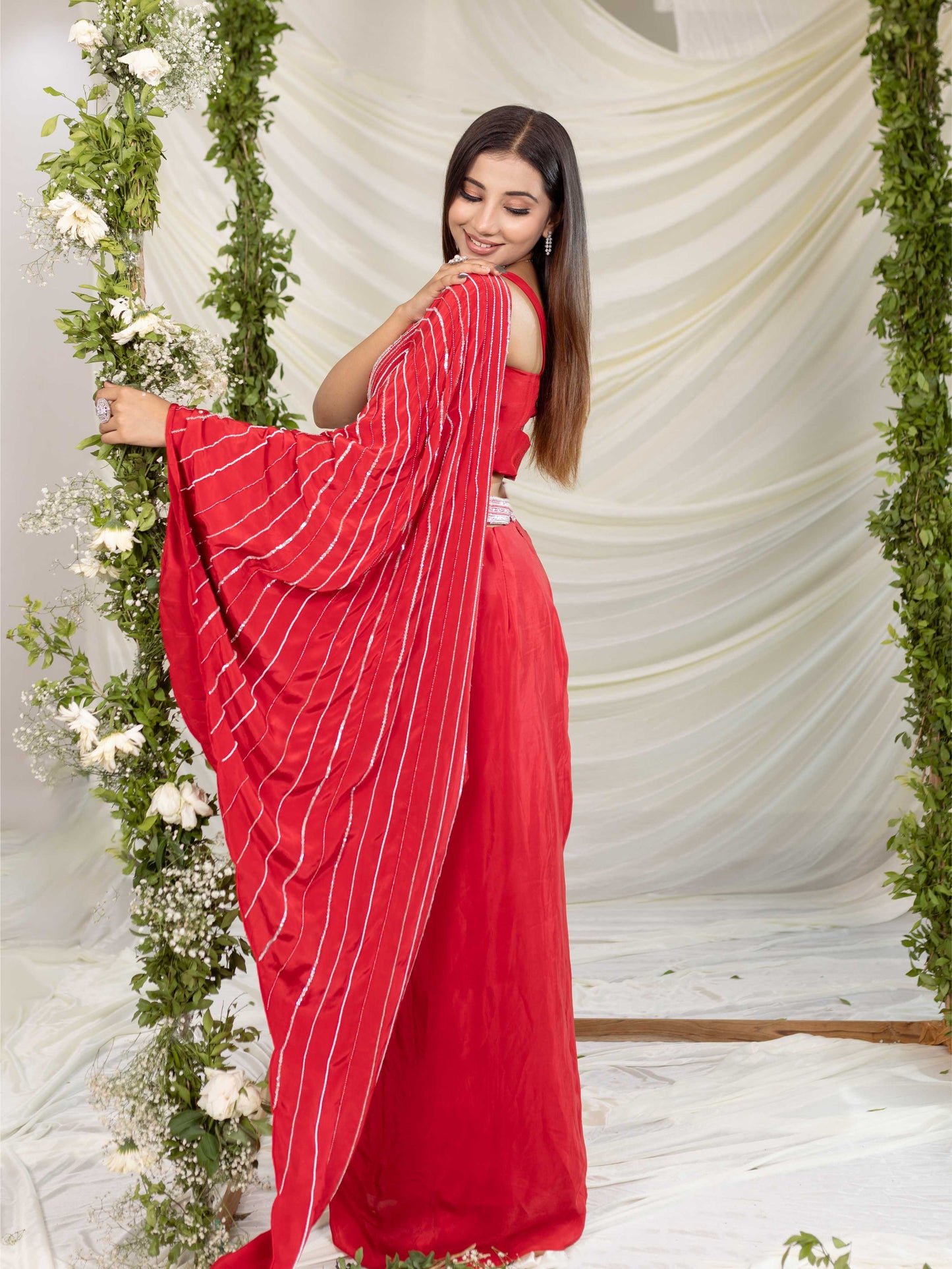 Red Skirt with Drape Blouse