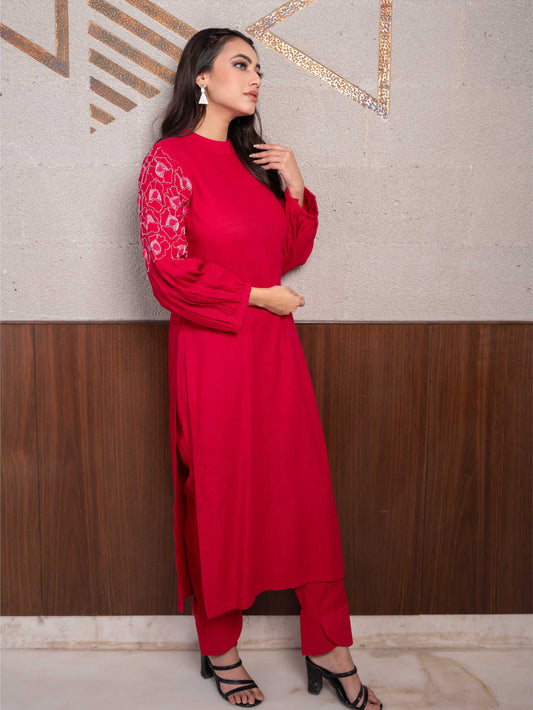 Pink Cotton Embellished Sleeves Kurta Set