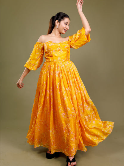 Yellow Floral Midi Dress