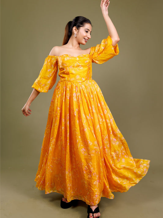Yellow Floral Midi Dress