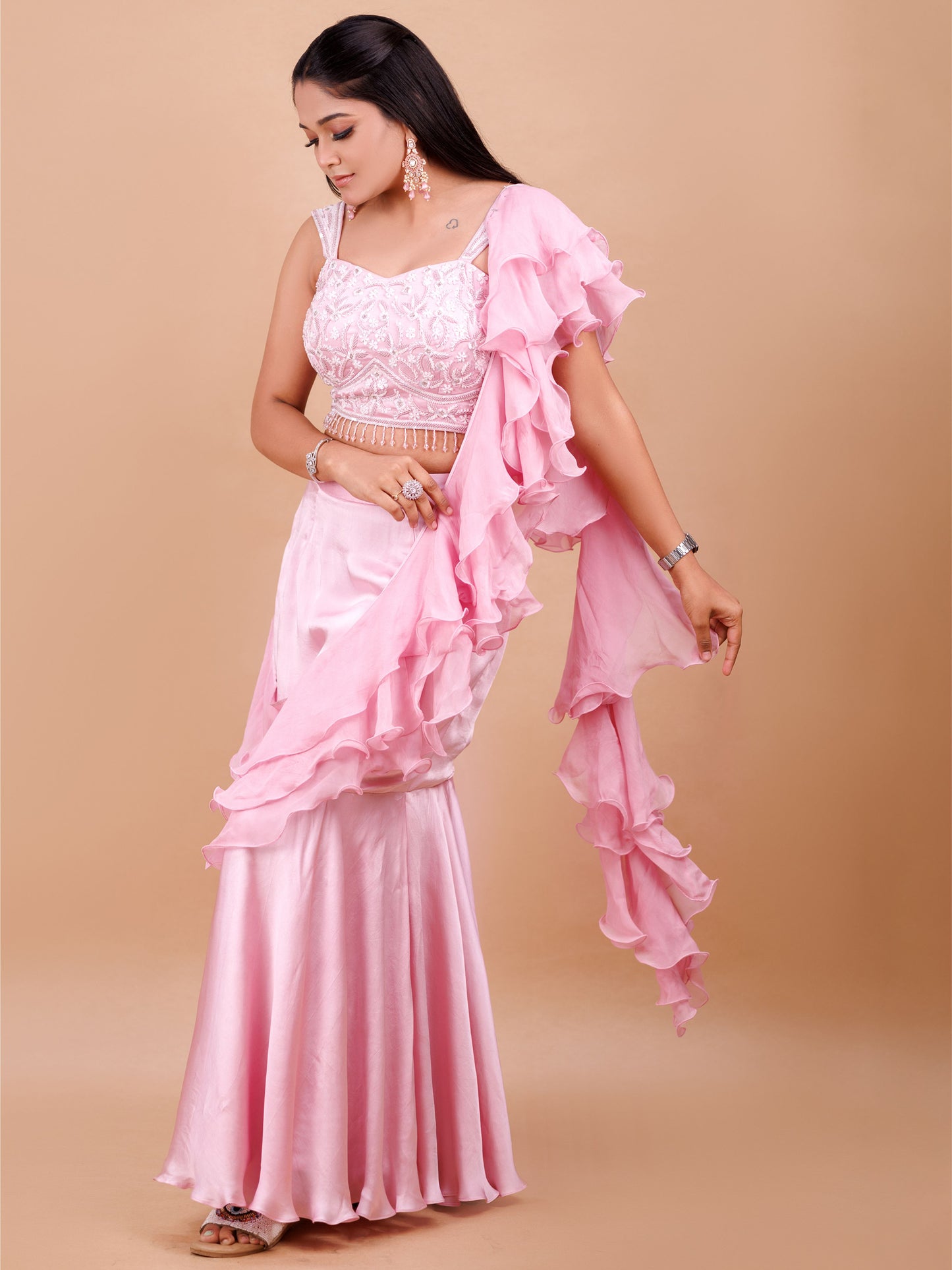 Pink Pre Draped Fish Cut Indo Western
