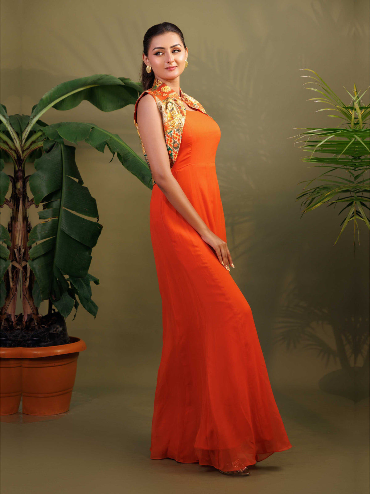 Orange Printed  Cape Dress