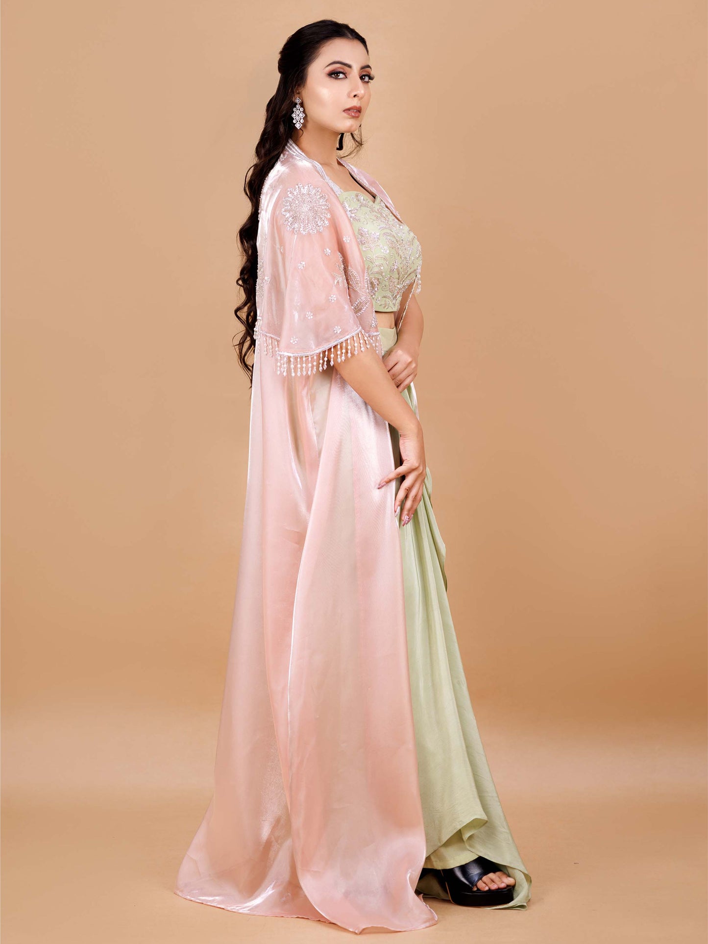 Peach Cape Dhoti Set