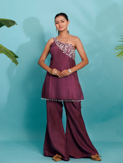 Wine Embroidered Asymmetric Co-ord Set