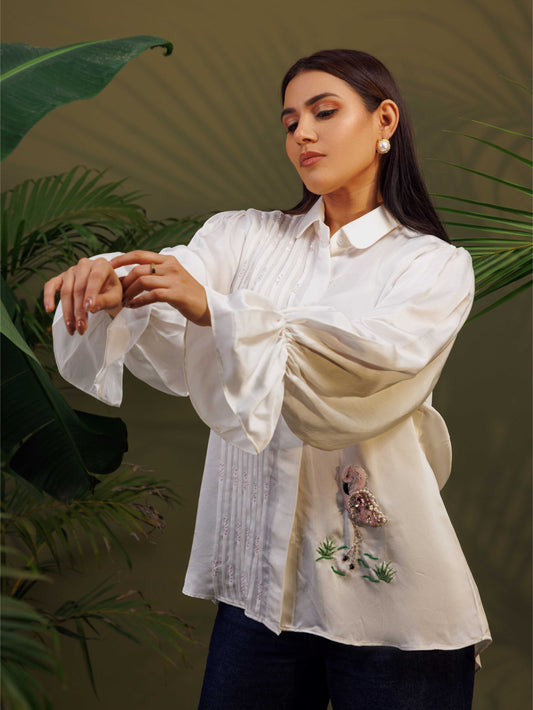 White Embroidered Ruffle Sleeve Shirt