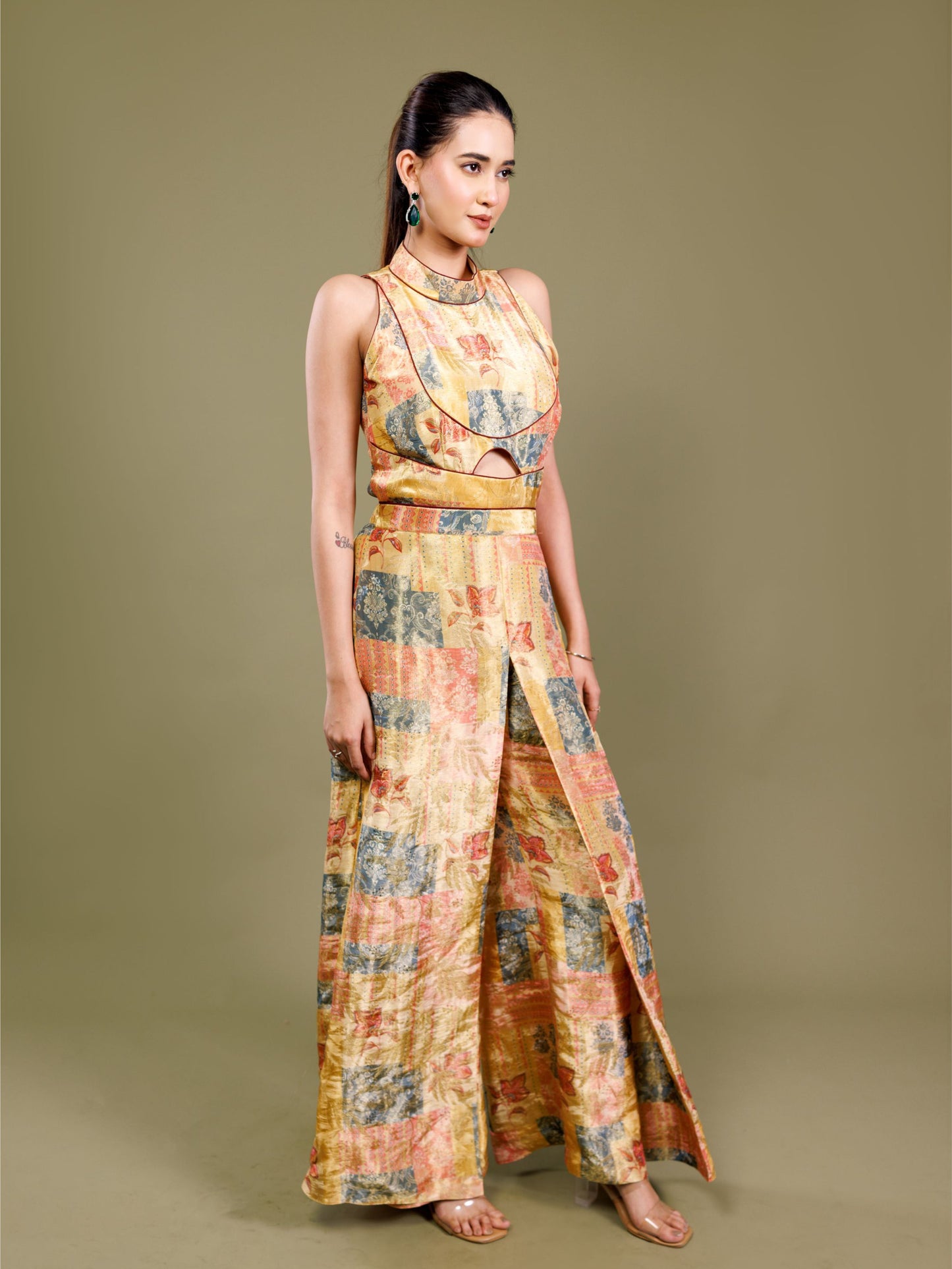 Golden Patchwork Halter Neck Jumpsuit
