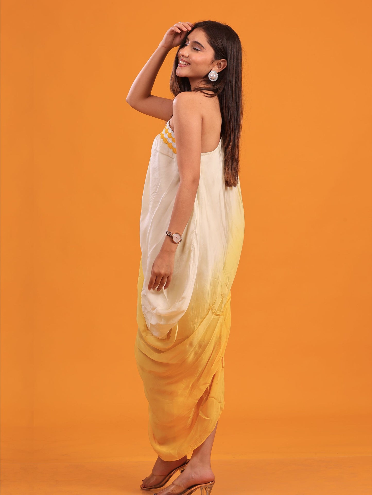 One Shoulder Ombre Drape Dress