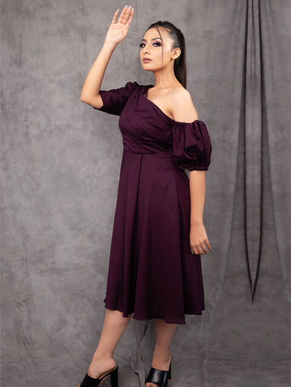 Wine One Off Shoulder Dress