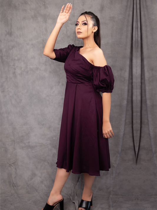 Wine One Off Shoulder Dress