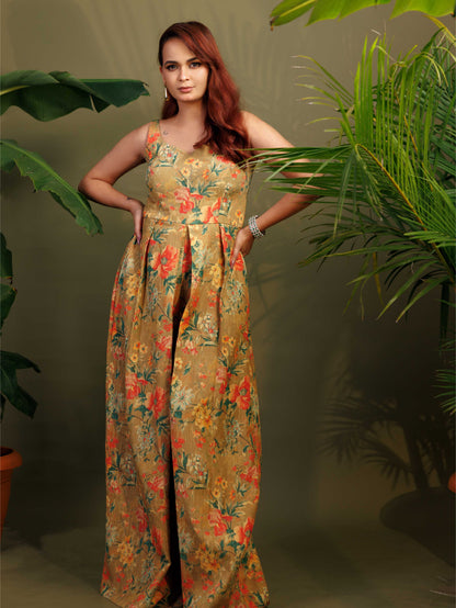 Mustard Floral Flared Dress