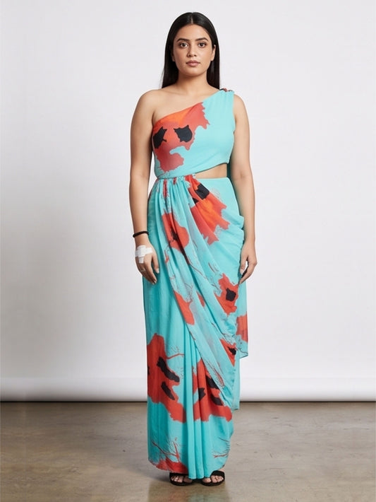 Blue Printed One shoulder Dress