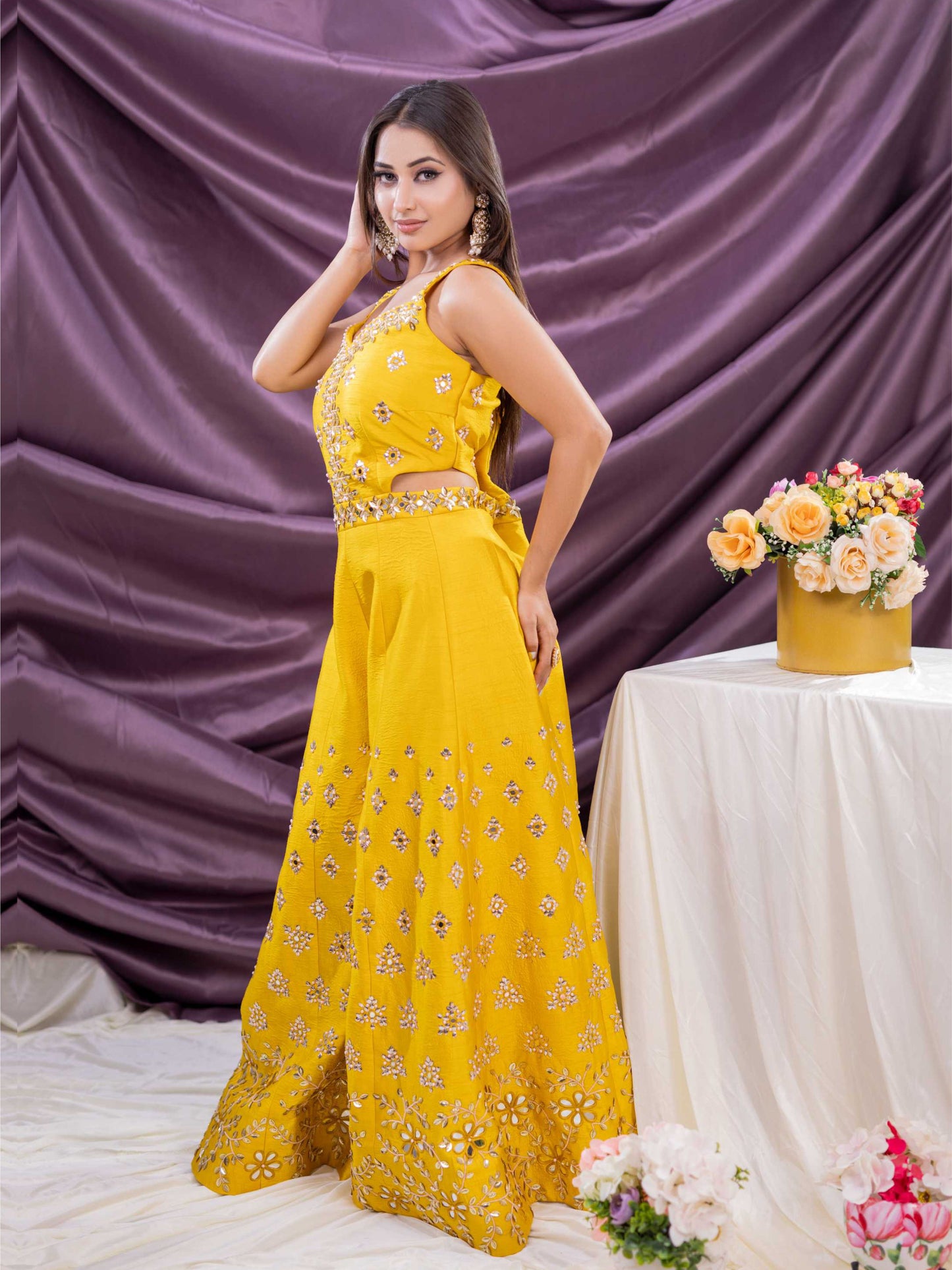 Mustard Yellow Mirror Work Jumpsuit