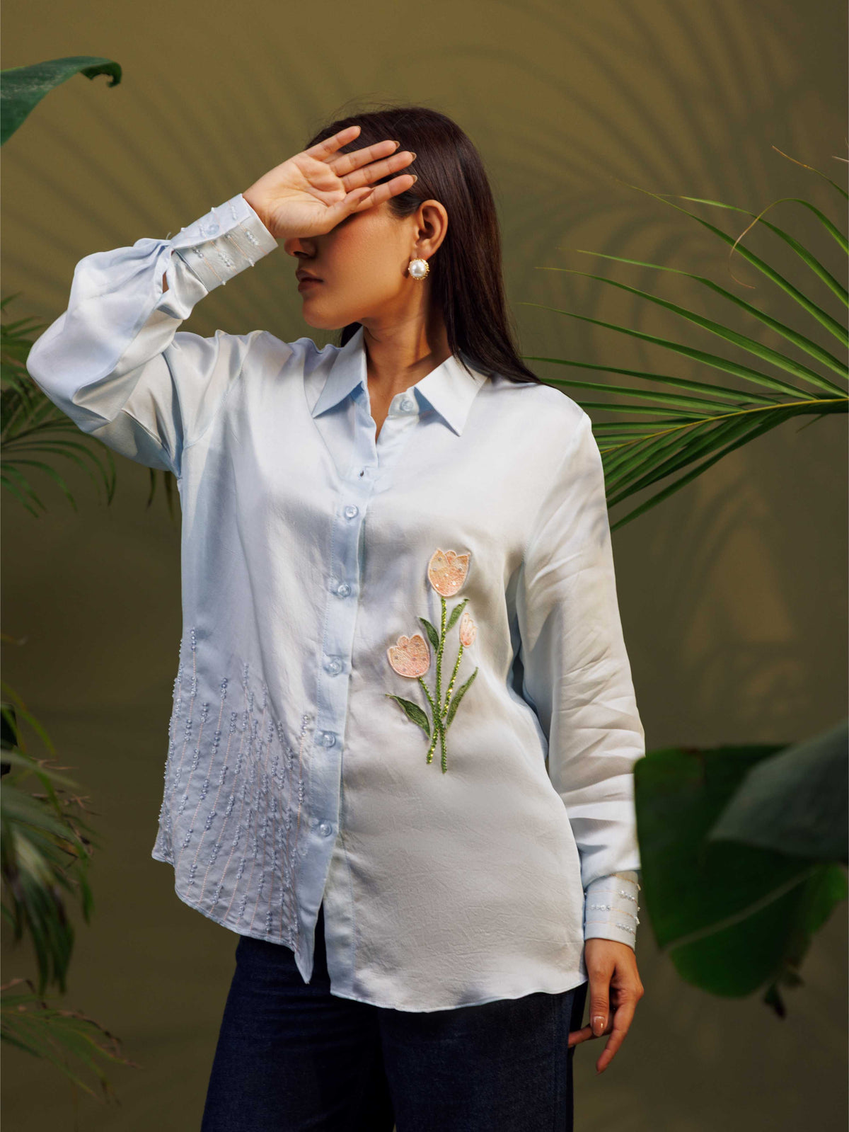 Light Blue Floral Embroidered Shirt