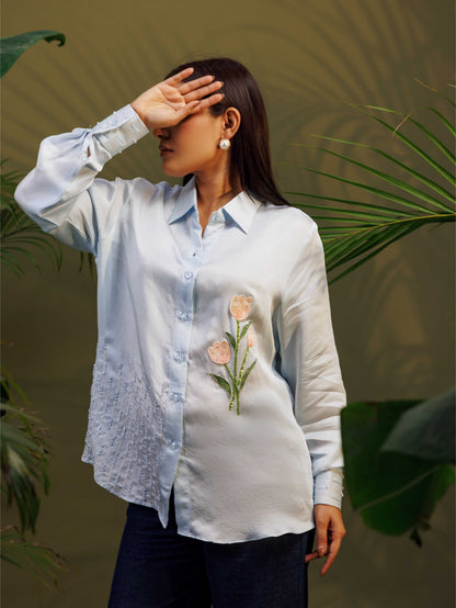 Light Blue Floral Embroidered Shirt