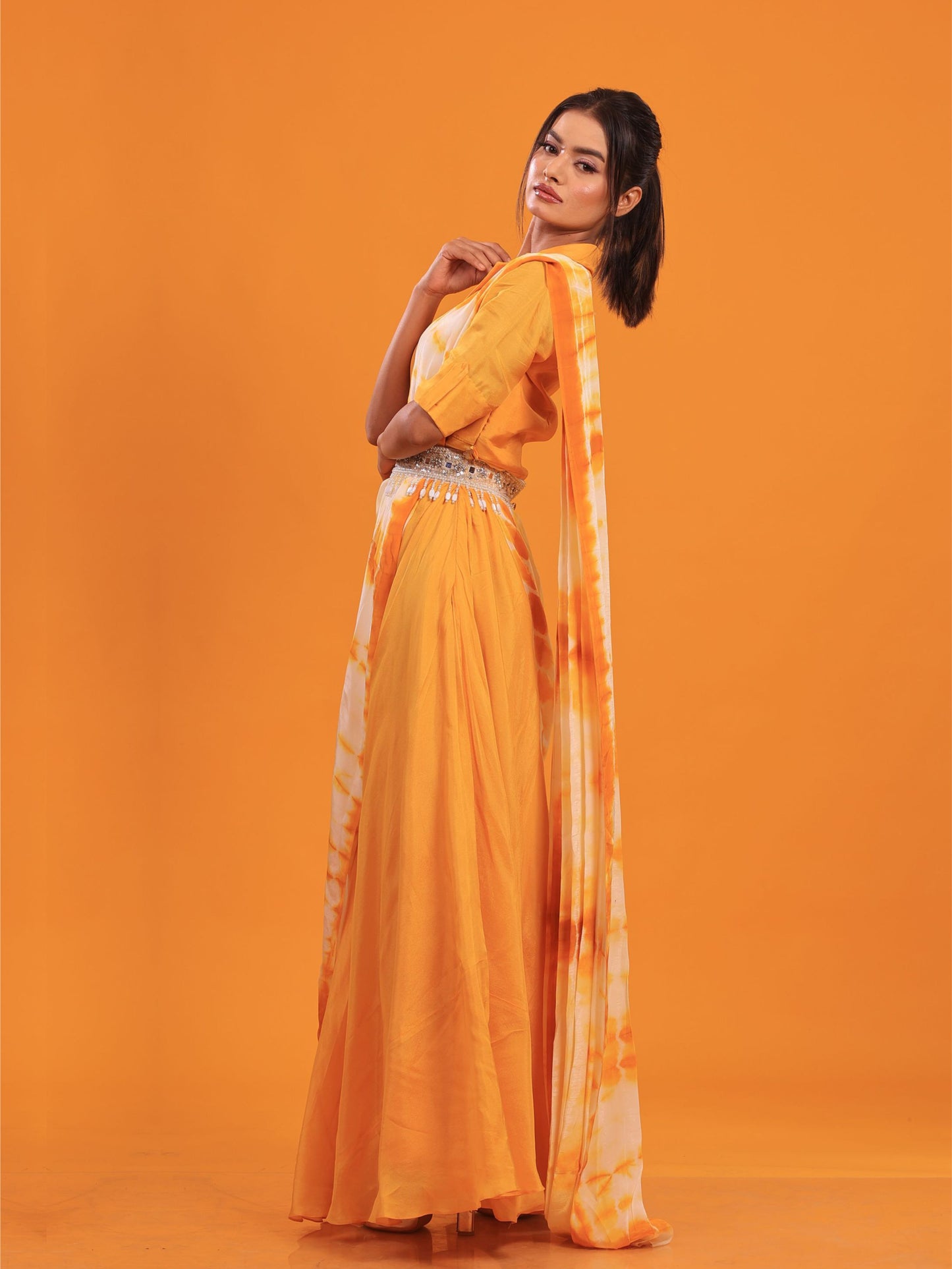 Yellow Tie-Dye Drape Gown With Belt