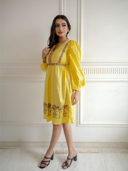 Yellow Embroidered Short Dress
