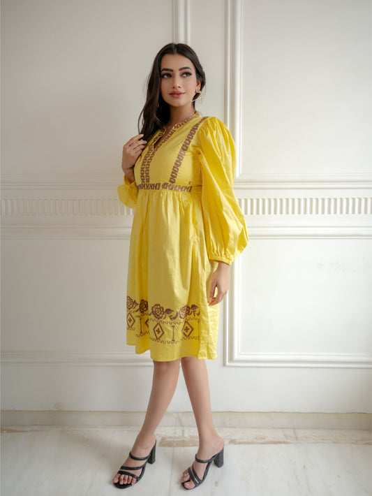 Yellow Embroidered Short Dress