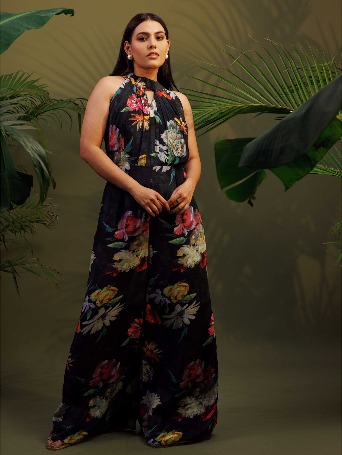 Black Floral Halter Jumpsuit