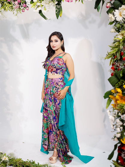 Printed Cape Dhoti Set