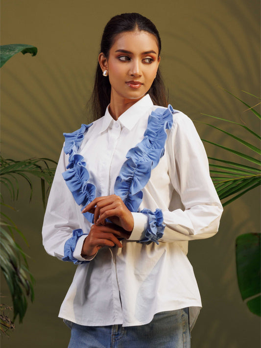 White Shirt with Blue Ruffle Detail