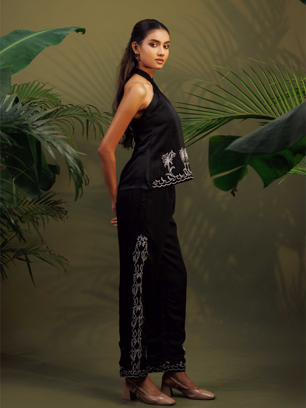 Black Embroidered Halter Co-ord Set