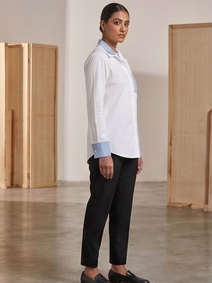 Denim Collar Pearl Work Cotton Shirt