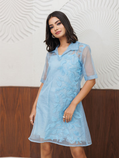 Ice Blue Thread Work Organza Dress