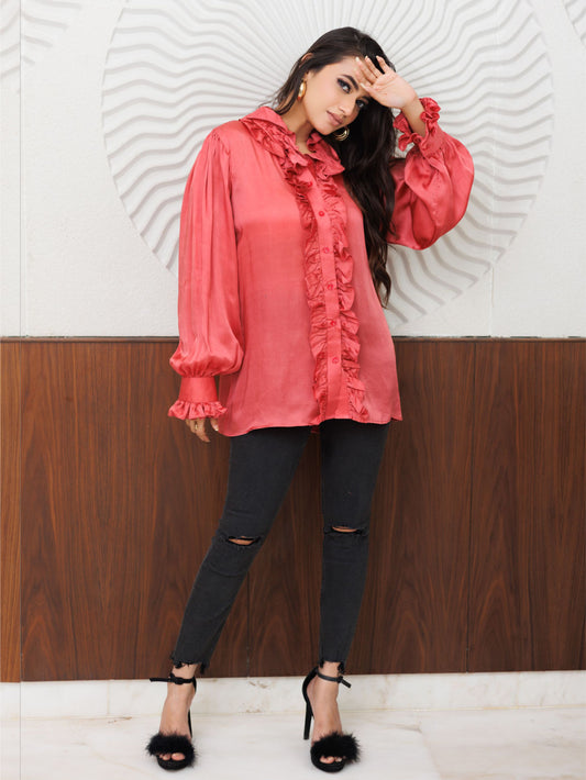 Carrot Red Satin Ruffled Shirt