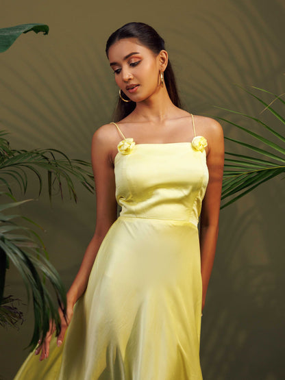 Pastel Yellow Satin Midi Dress