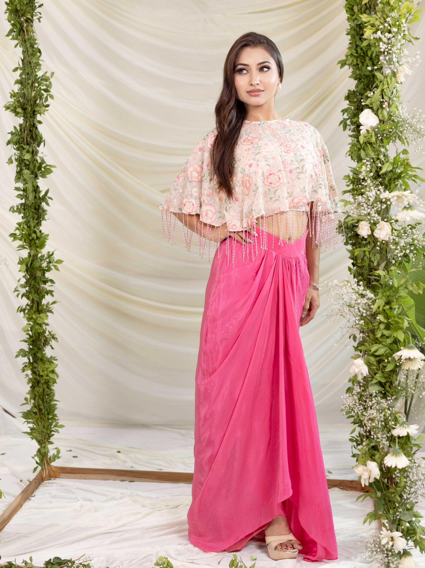 Pink Multi Embroidered Drape Skirt Set