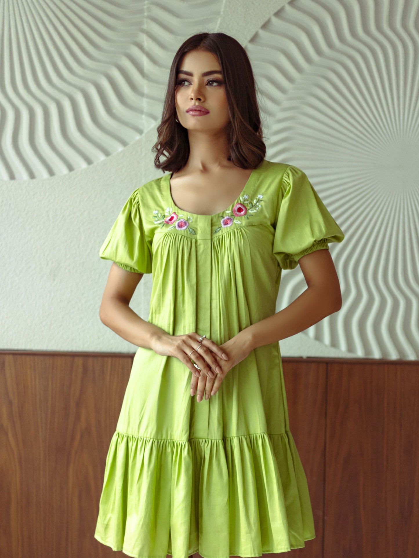 Lime Green Cotton Embroidered Dress