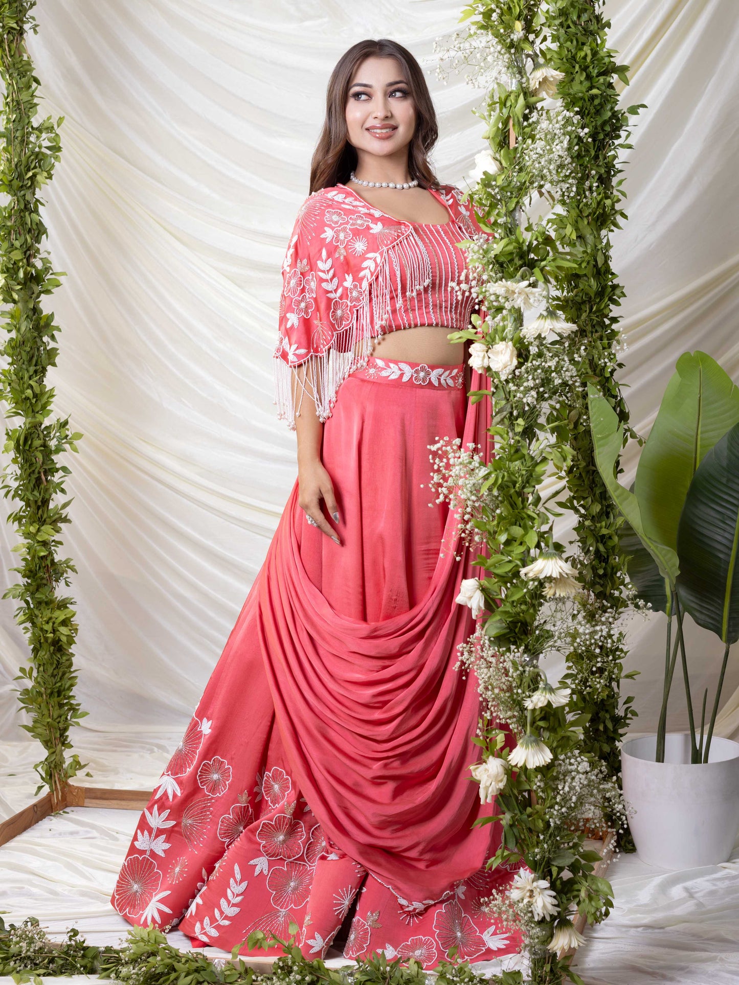 Gajari Pink Cape Indo-Western