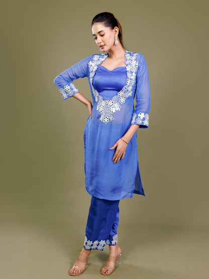 Floral Embroidery Royal Blue Kurta Set