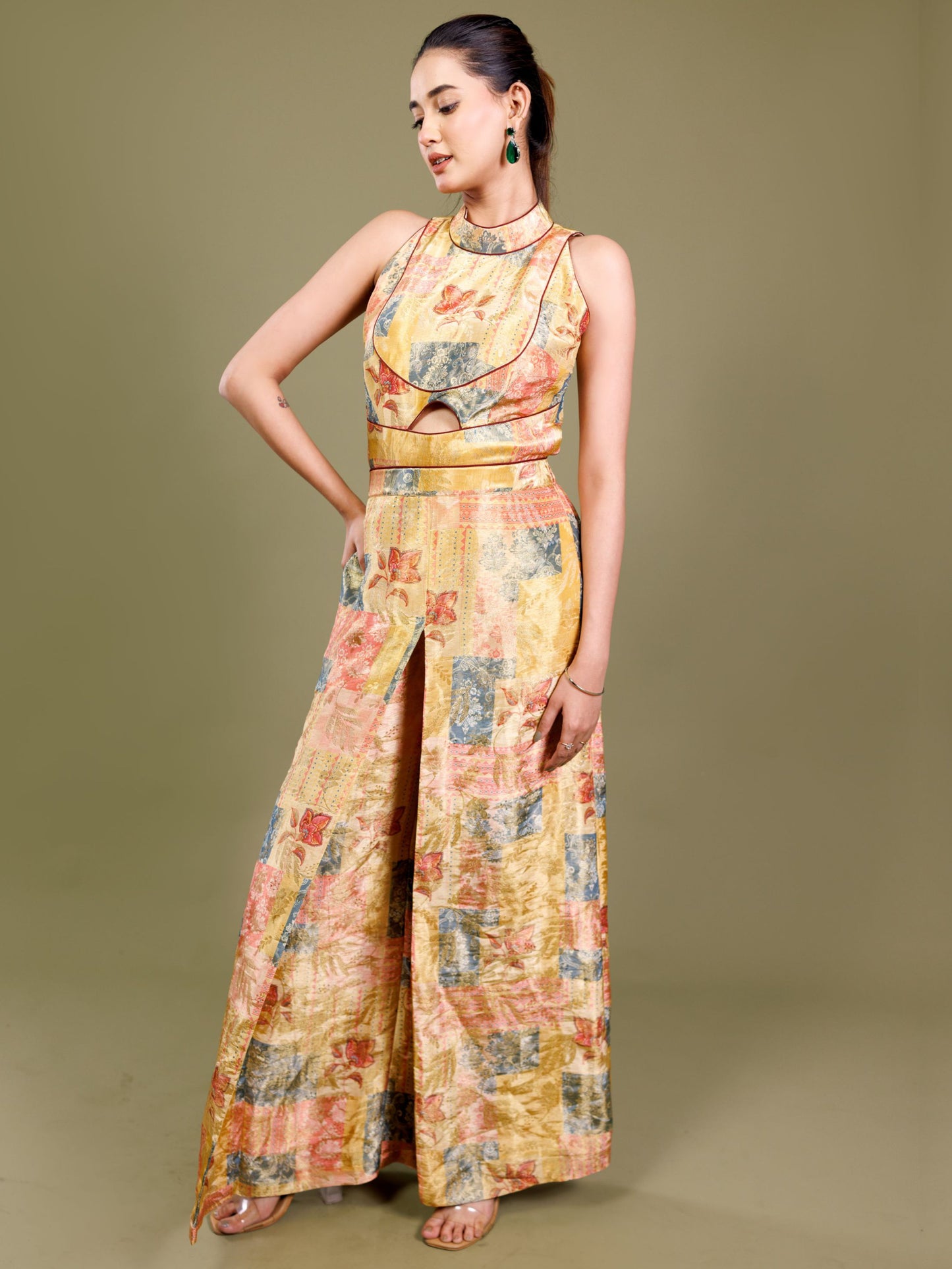 Golden Patchwork Halter Neck Jumpsuit