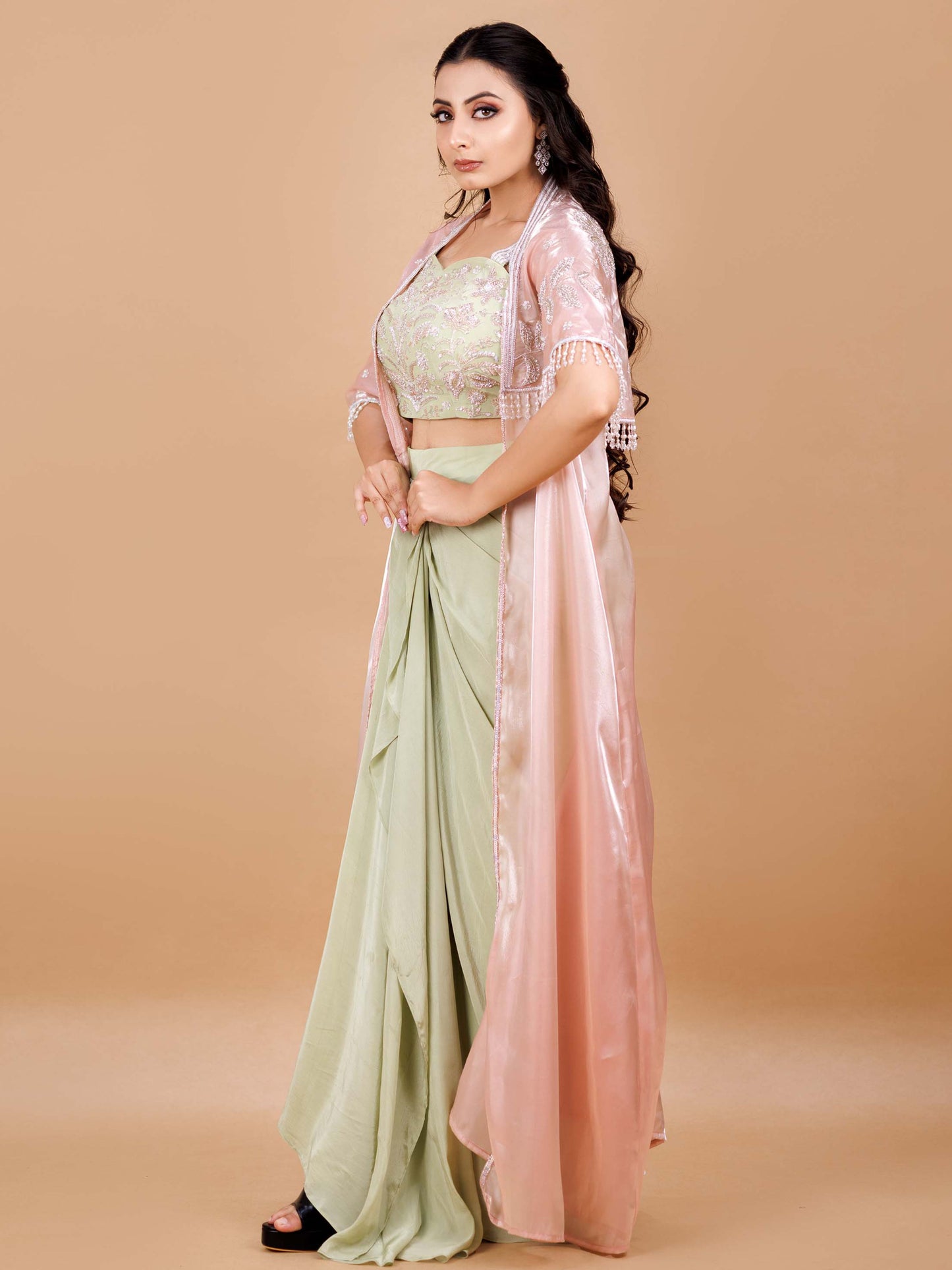 Peach Cape Dhoti Set