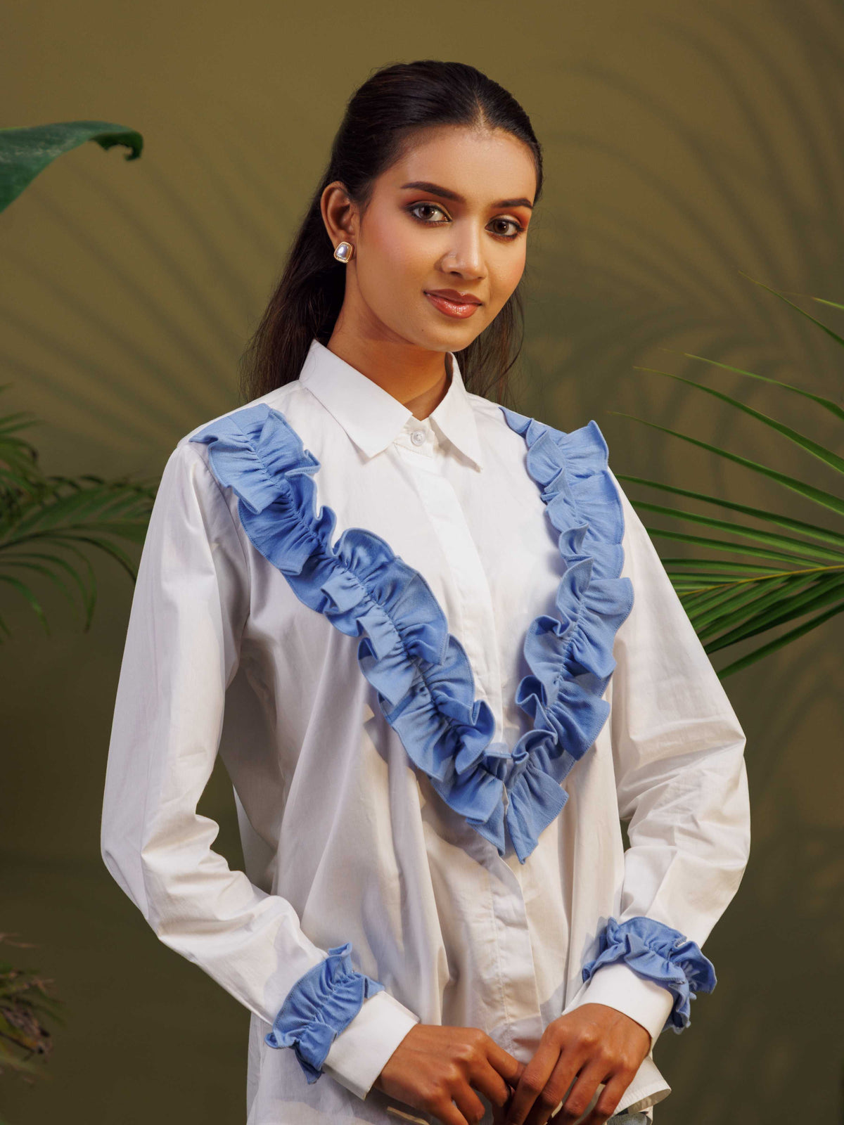 White Shirt with Blue Ruffle Detail