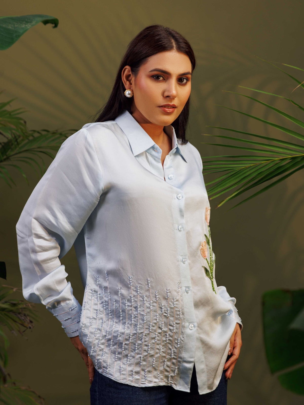 Light Blue Floral Embroidered Shirt