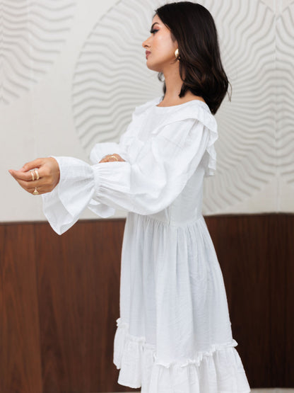 White Short Dress With Frilled Yoke