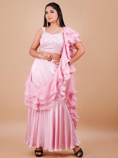 Pink Pre Draped Fish Cut Indo Western