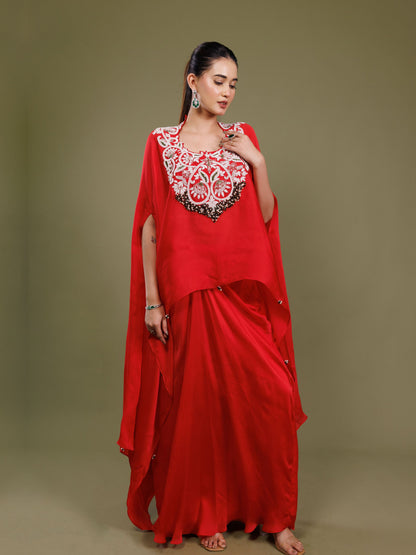 Red Organza Embroidered Cape Skirt Set