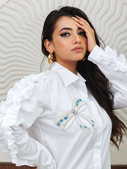 White Bow Embellished Shirt