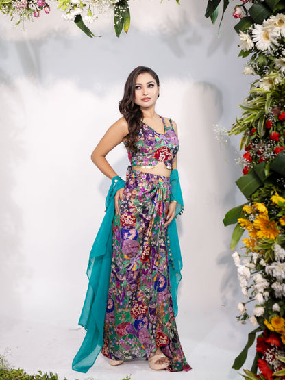 Printed Cape Dhoti Set